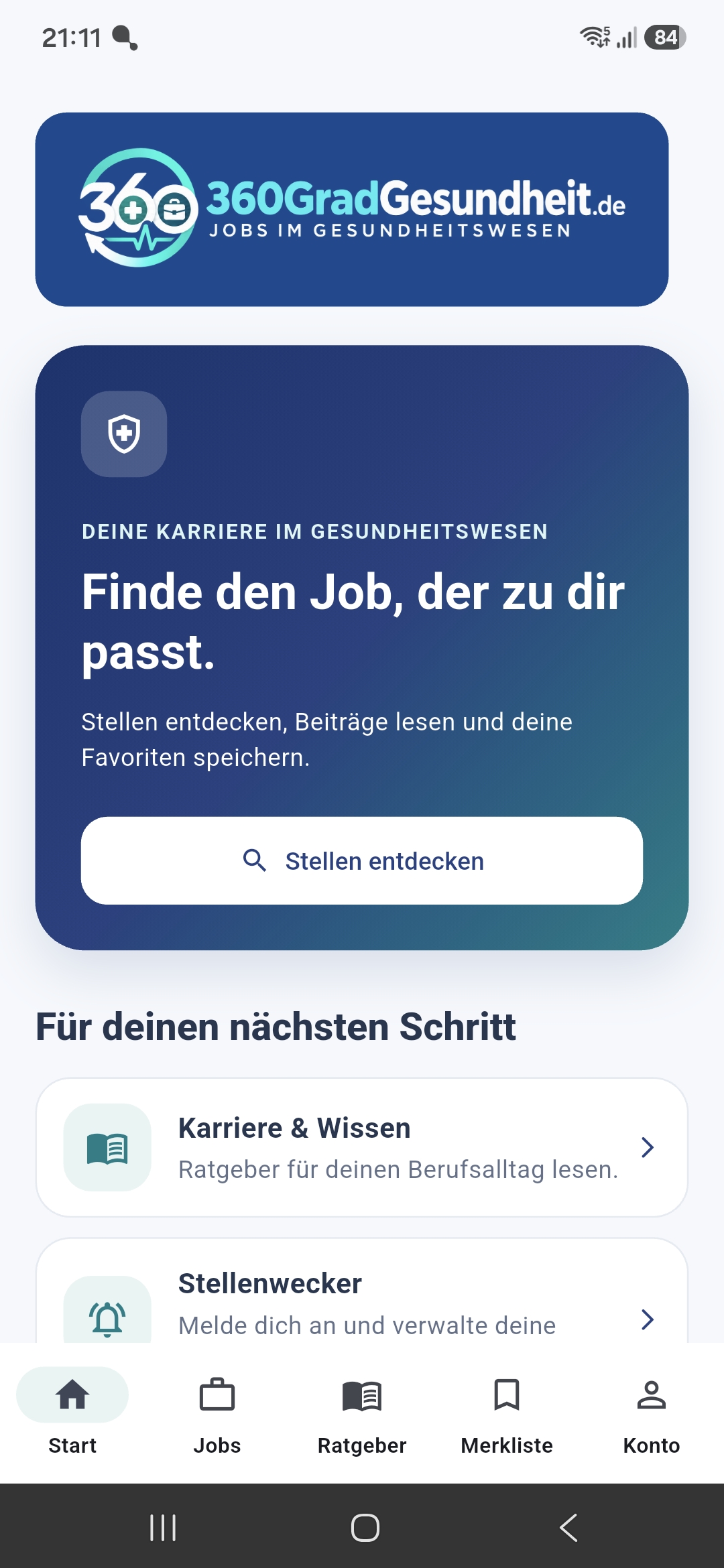 Startseite der 360GradGesundheit Android-App mit Stellensuche, Ratgeber und Stellenwecker