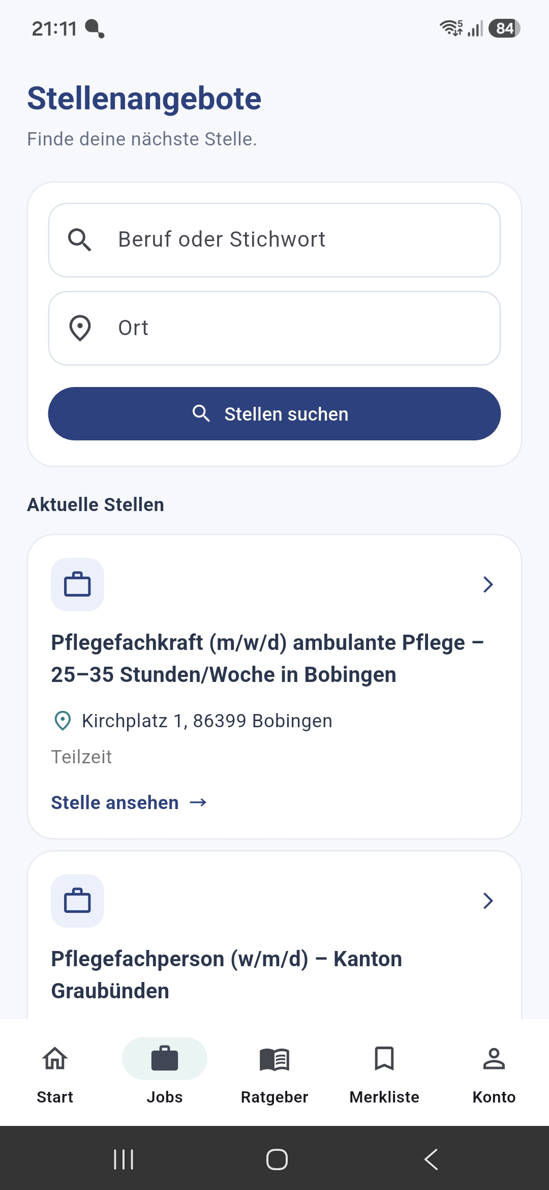 Stellensuche der 360GradGesundheit Android-App nach Beruf, Stichwort und Ort