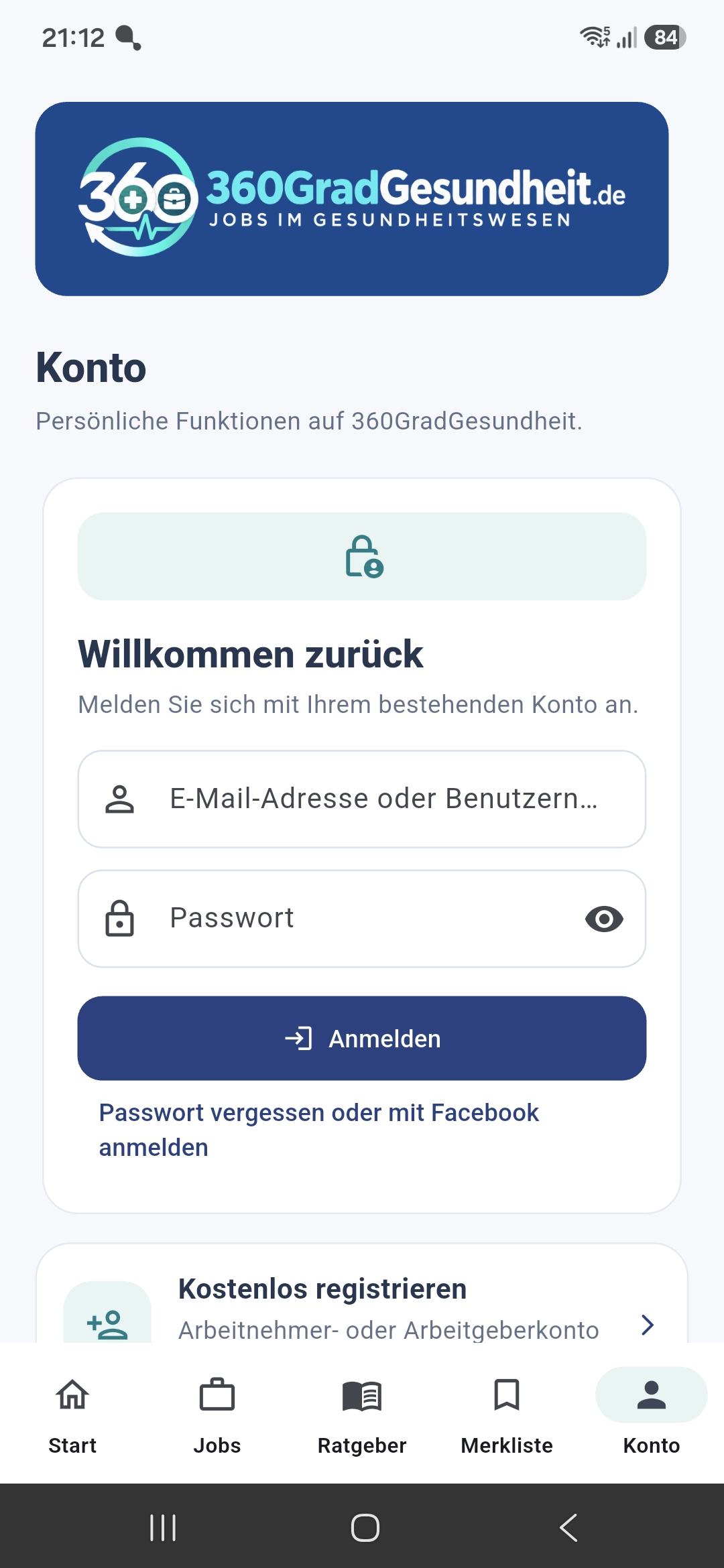 Anmeldung und kostenlose Registrierung in der 360GradGesundheit Android-App