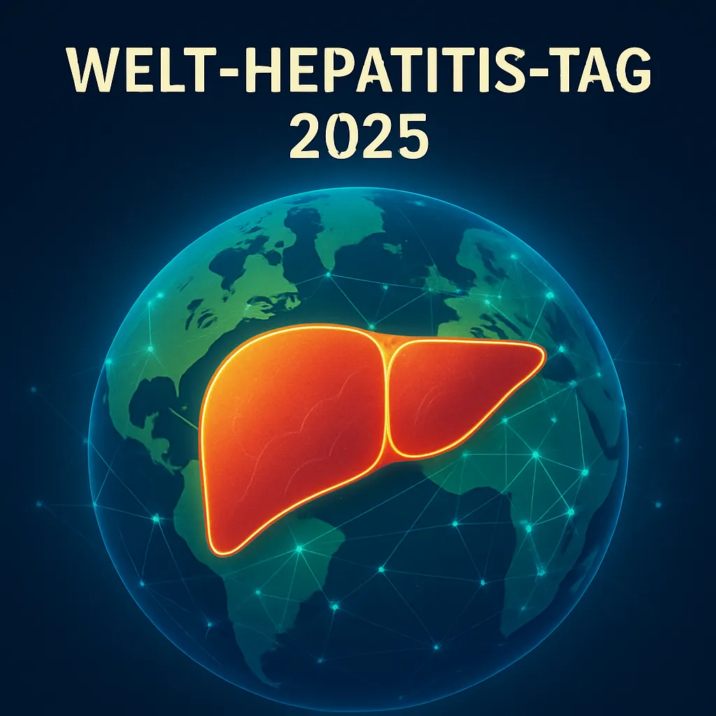 Abstrakte Illustration einer Leber vor einem Globus, symbolisiert Welt-Hepatitis-Tag 2025