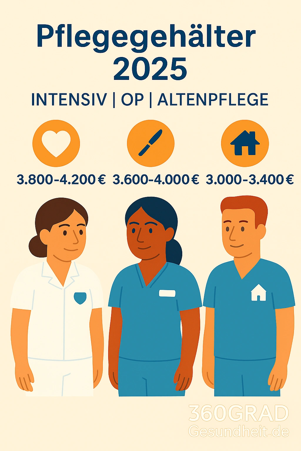 Infografik zu Gehältern 2025: Intensivpflege, OP-Pflege und Altenpflege im Vergleich