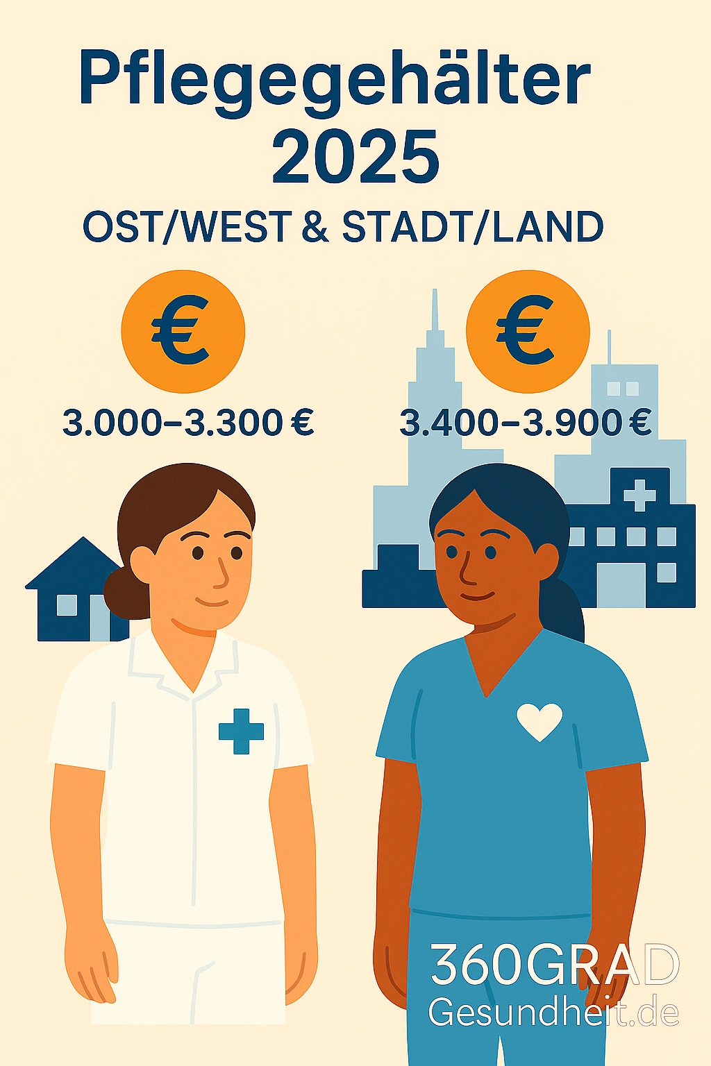 Infografik: Pflegegehälter 2025 im Vergleich Ost/West sowie Stadt/Land in Deutschland