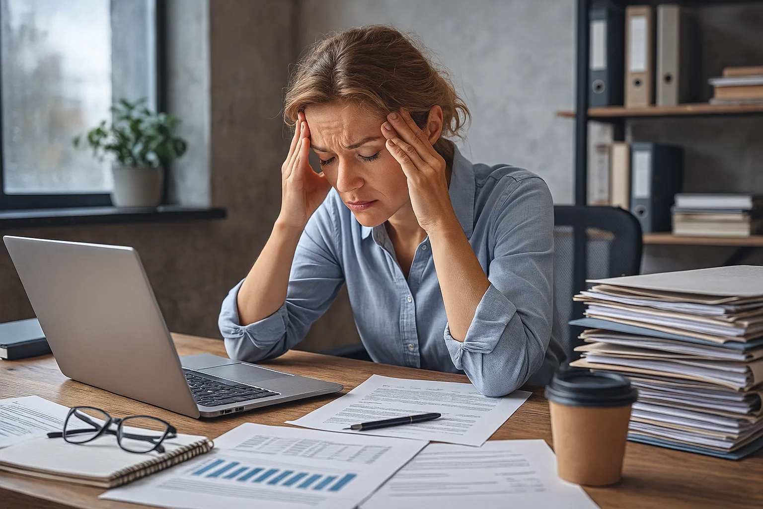 Gestresste Frau am Arbeitsplatz mit Laptop, Dokumenten und Kaffeebecher – Symbol für Arbeitsbelastung und psychische Gesundheit