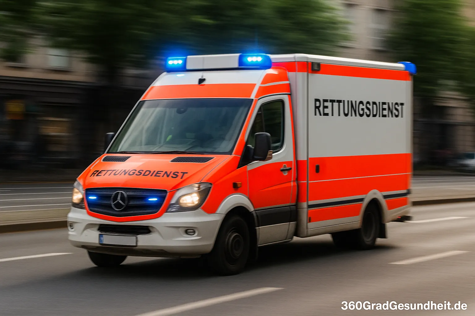 ettungswagen im Einsatz mit Blaulicht in deutscher Stadt