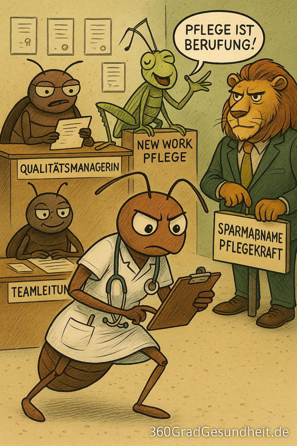 Satirische Illustration einer fleißigen Ameise als Pflegekraft, umgeben von Bürokratie-Figuren