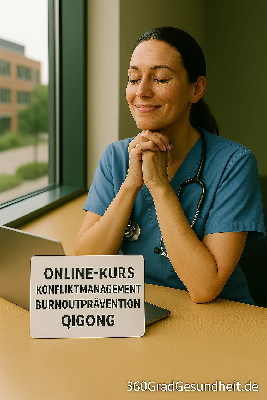 Pflegekraft sitzt dankbar und entspannt vor Laptop nach Online-Kurs für Konfliktmanagement, Burnoutprävention und Qigong