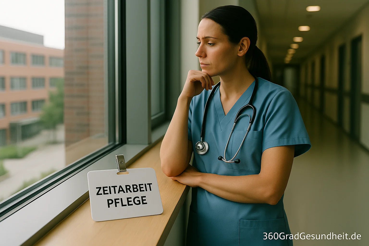 Pflegekraft am Fenster – Symbolbild für Zeitarbeit in der Pflege